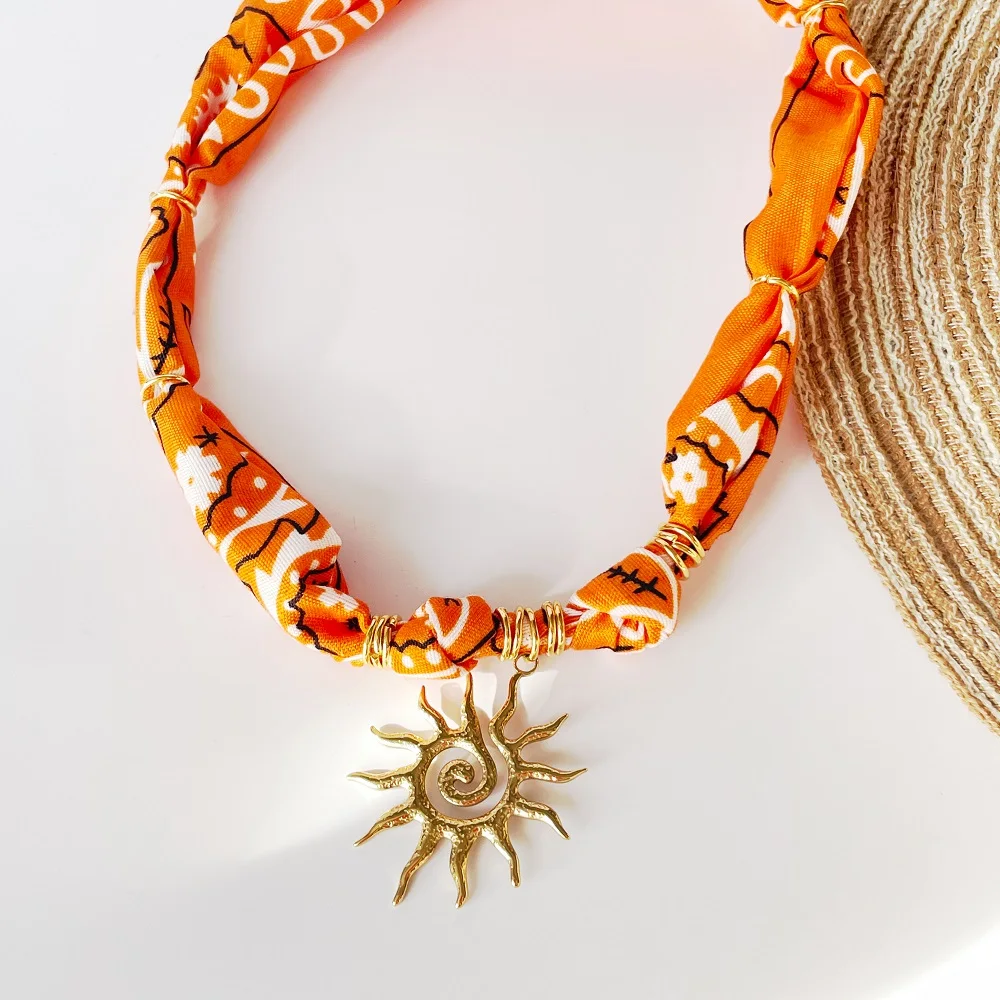 

Handmade Green Flower Charm Necklace Statement Jewelry with Boho Vibes Chic Bandana Scarf