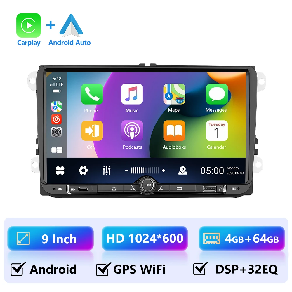 4 + 64G 9 inch Draadloze Carplay Android Auto Voor VW Volkswagen Golf 5 6 Polo Passat B6 B7 CC Skoda Jetta Autoradio GPS WIFI Stereo