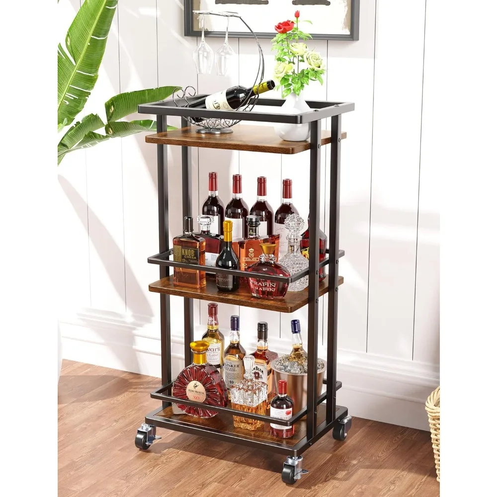 

3 Tier Bar Cart for Home, Rolling Mini Liquor Bar for Wine Beverage Dinner Party, Utility Kitchen Storage Island Serving Cart on