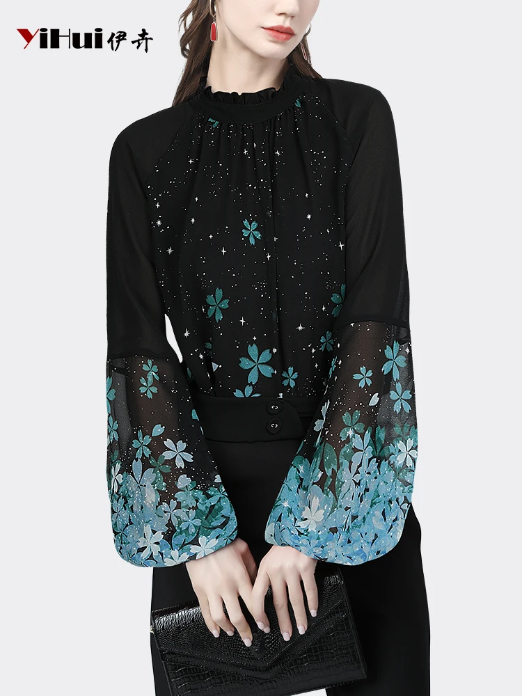 Fashion Lantern Sleeve Floral Printed Chiffon Blouse Loose Plus Size Stand-up Collar 2024 New Ladies Spring Summer Pull On Tops