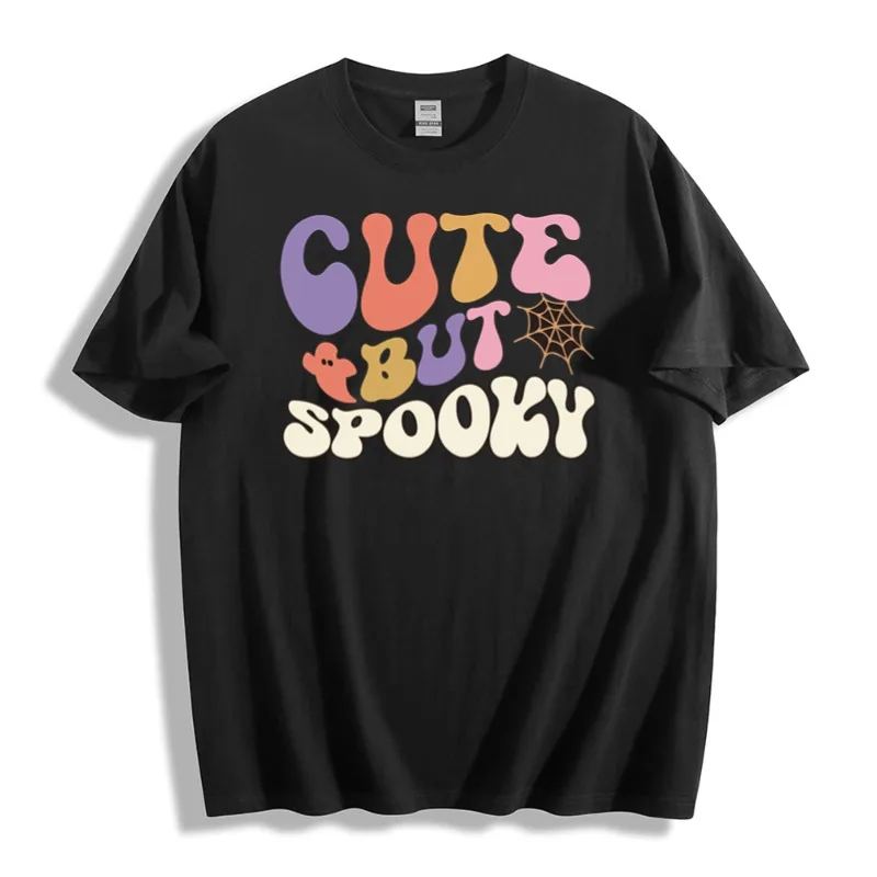 

Halloween Cute But Spooky T-Shirt, Unisex Cotton Round-Neck Short-Sleeve Multi-Color Tees, Retro Ghost Party Outfit Custom Logo