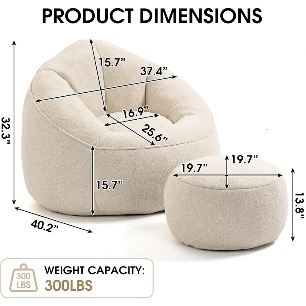 Bean Bag Sofa, Microfiber Upholstered Bean Bag Couch, Padded Lazy Sofa with Footstool, Memory Foam Stuffed Bean Bag Couch