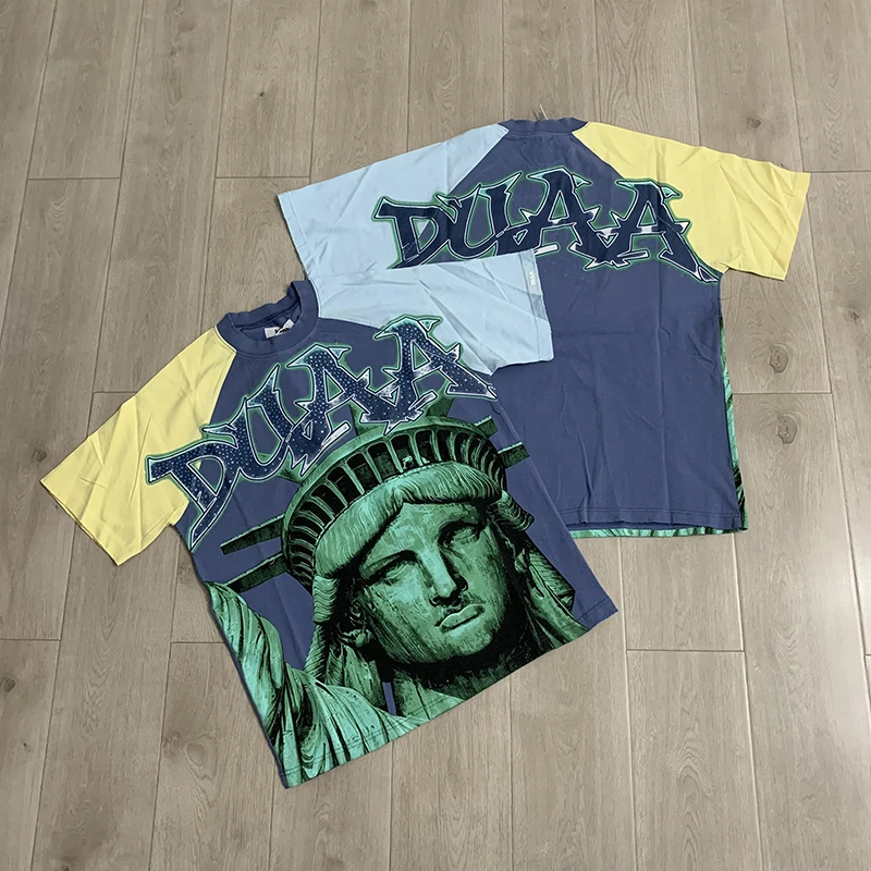 DUAA Men Short Sleeve T-Shirt Statue of Liberty Print Rhinestone Letter Color Block Casual Street Tee