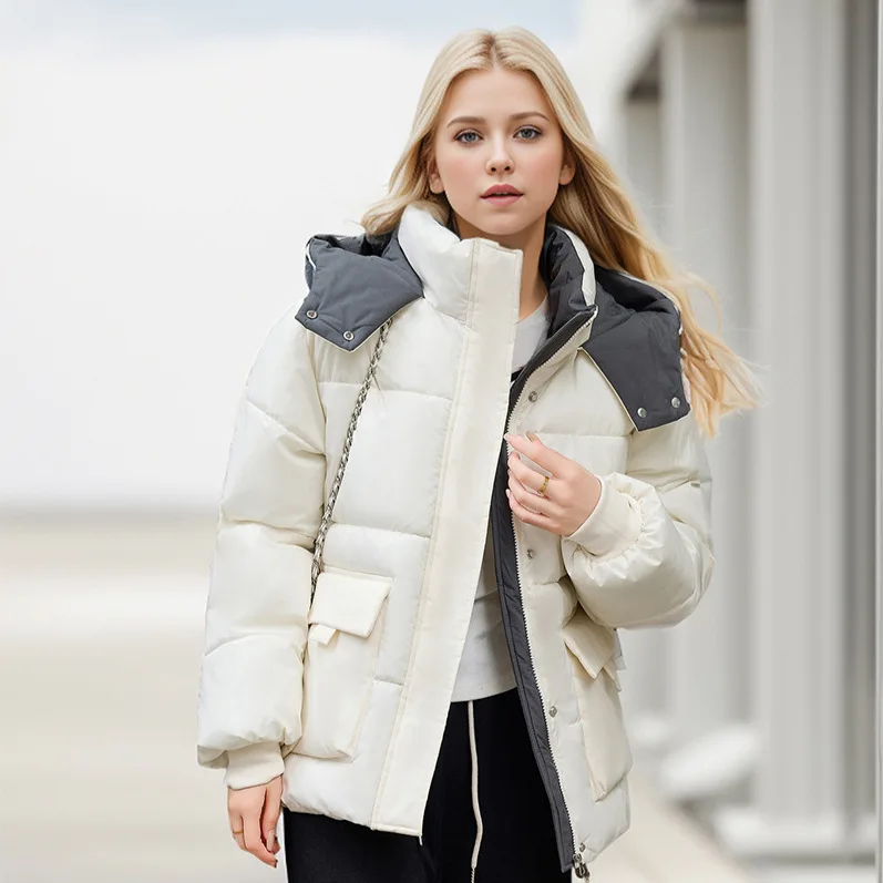 2024 Winter Women Hooded Parkas Thickened Warm Down Cotton Bread Jacket Fashion Color-Blocked Large Pocket Casual Cropped Coat