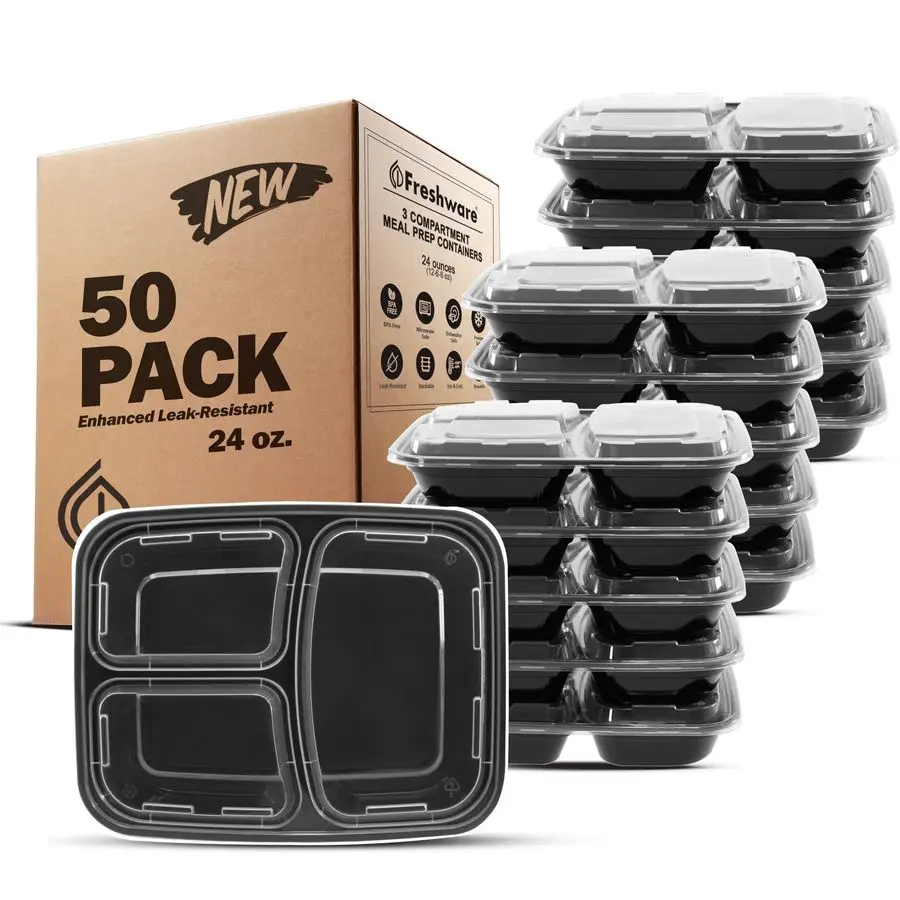 

Meal Prep Containers 50 Pack 3 Compartment Food Storage Containers with Lids, Bento Box, BPA Free, Stackable, Microwave Dishwash