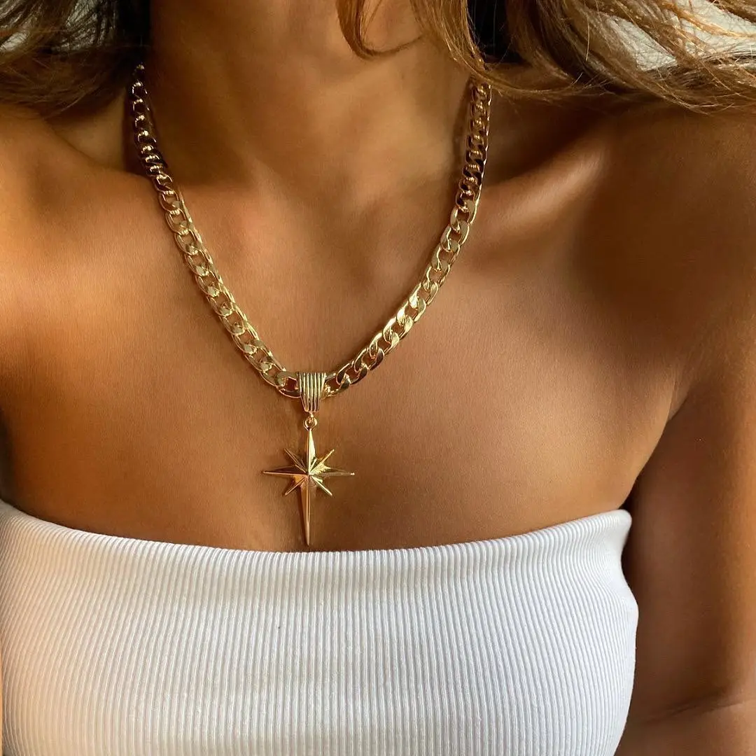 Fashion Classic Simple Eight-pointed Star Pendant Necklace for Women's Retro Trendy Cuban Chain Multifunctional Jewelry Gift