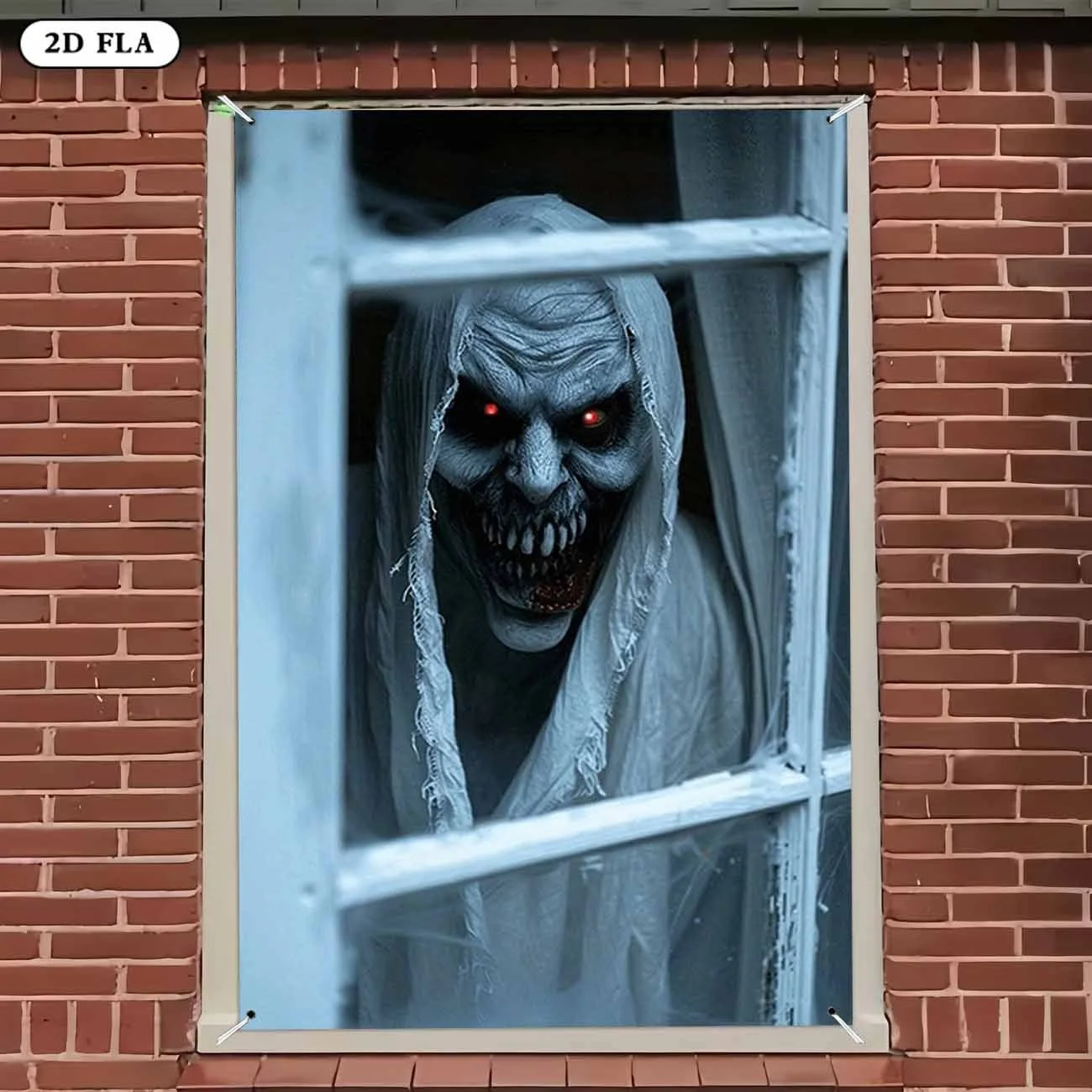 Halloween-Horror-Fensterbanner mit Rot Leuchtenden Augen, Monster, das aus dem Geisterhaus spählt, Fensterhängedekoration für Partys, Innendekoration, Requisit – Detail 1