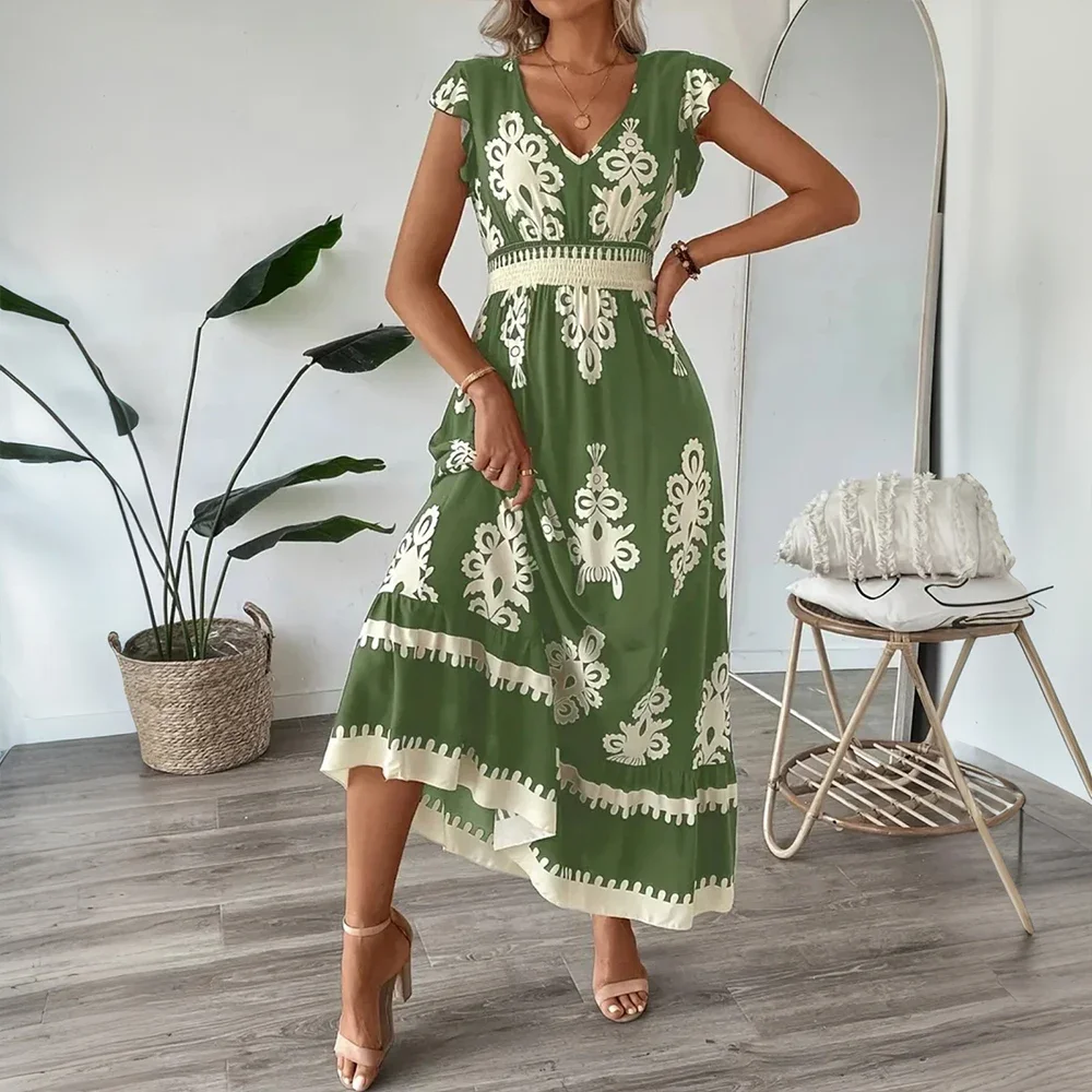 レディースボヘミアン花柄プリント V ネックフリルフライングスリーブスケーターマキシドレス夏の女性の休暇ホリデービーチサンドレスサイズ S-XL