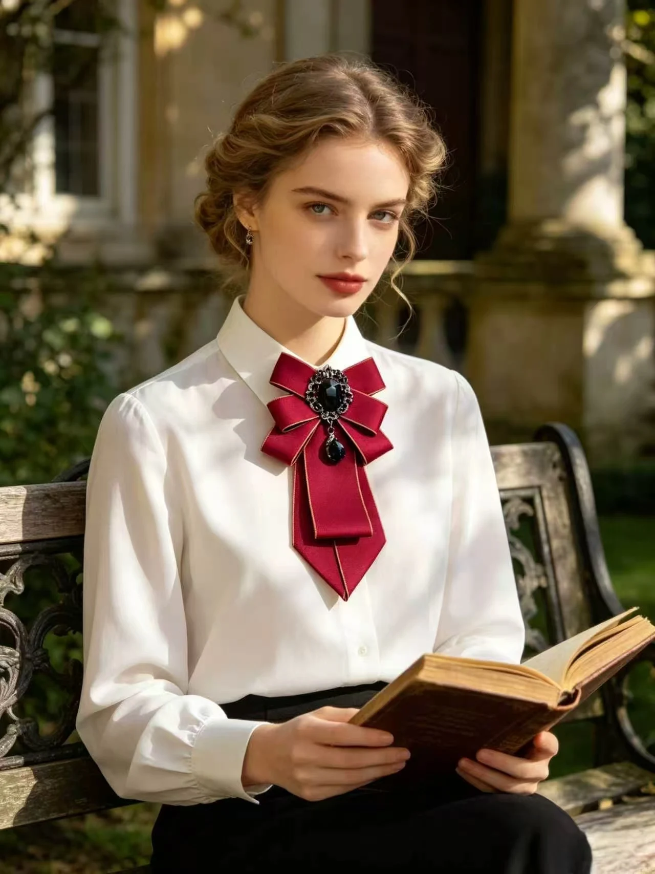 Fleur de col à longue attache bordeaux inspirée des uniformes scolaires japonais, nœud double couche vintage avec pendentif diamant noir, accessoire de nœud sans attache pour chemise JK uniforme de marin