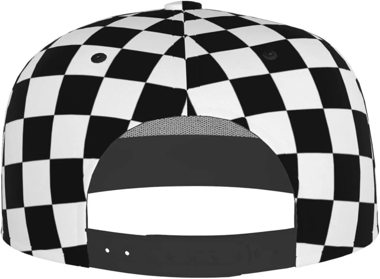 Black White Race Checkered Flag Pattern Flat Bill Hat, Unisex Snapback Baseball Cap Hip Hop Style Flat Visor Blank Adjust