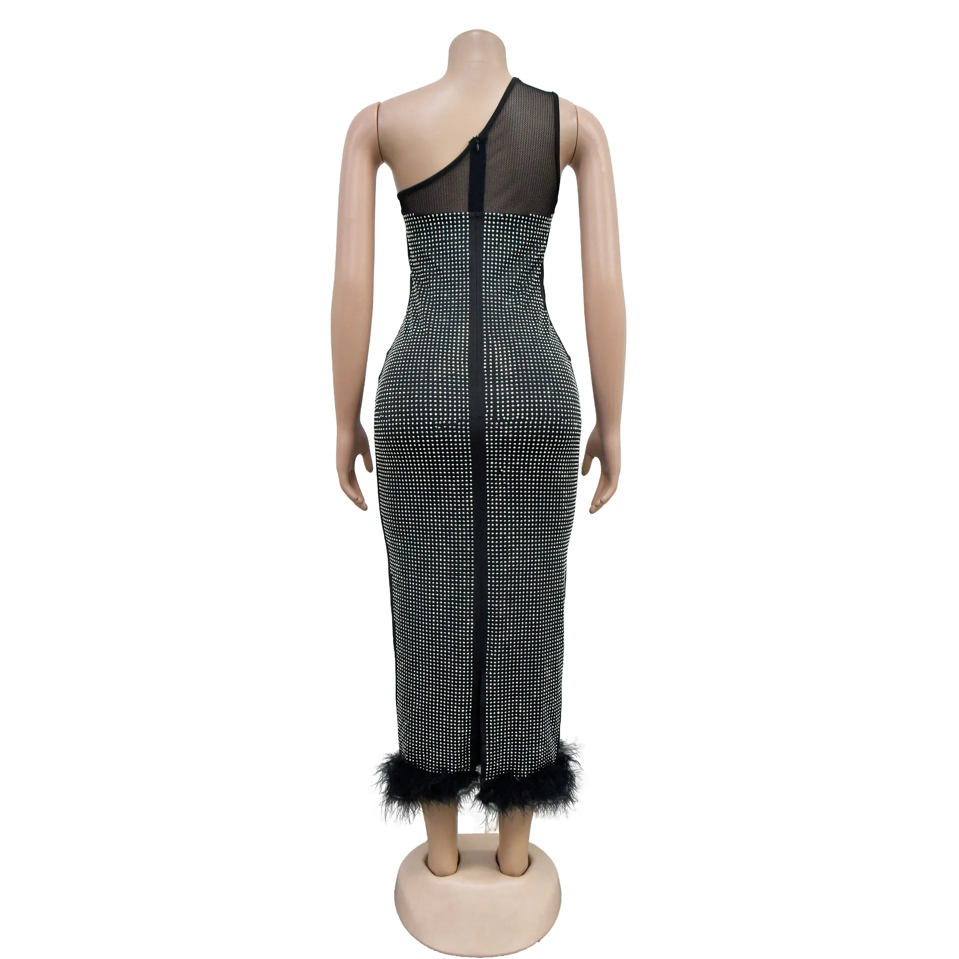 Nowa Moda Sexy Bez Rękawów Jedno Ramię Asymetryczny Dekolt Cekiny Siateczka Prześwitująca Jednolity Kolor Dopasowana Sukienka Do Kostek Z Piórami Dla