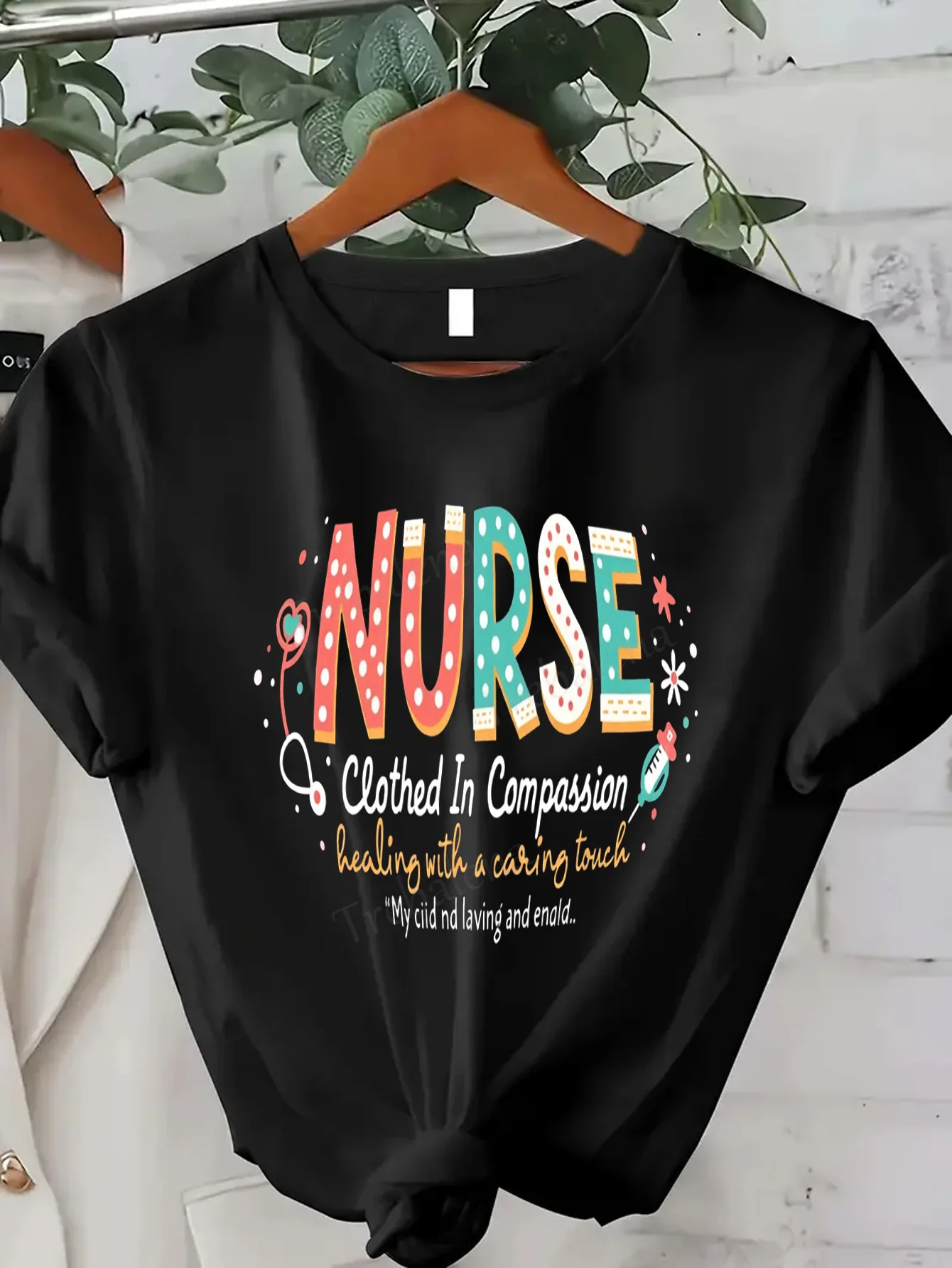 

Women T-shirt Nurse T-Shirt: Compassion & Care, Healing Touch, Colorful Print, Casual Wear