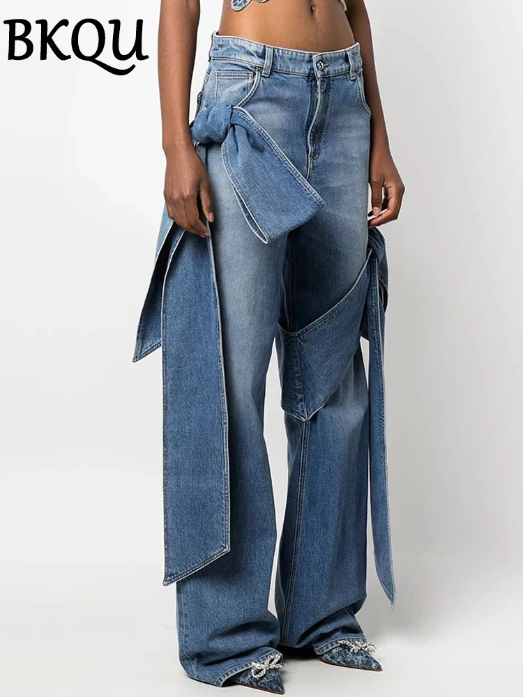 BKQU Straight Baggy Jeans Women Wide Leg Denim Pants High Waist Bows Cross Patchwork Loose Trousers Designer Streetwear 2024 New