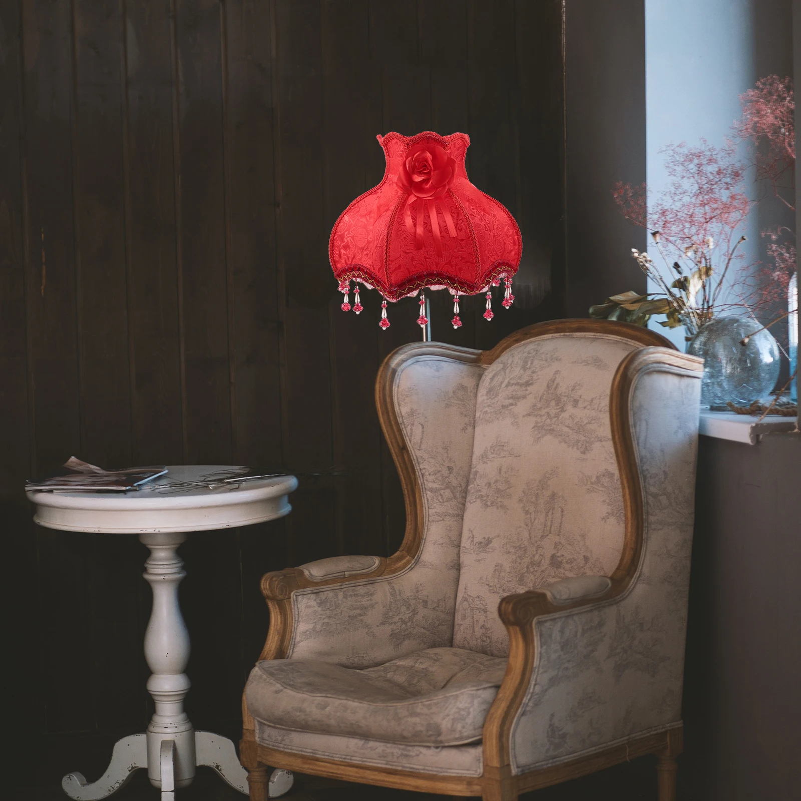 

European Style Large Lamp Shade Vintage Fabric Design with Beads and Flowers for Bedroom Living Room Study Decorative Lighting