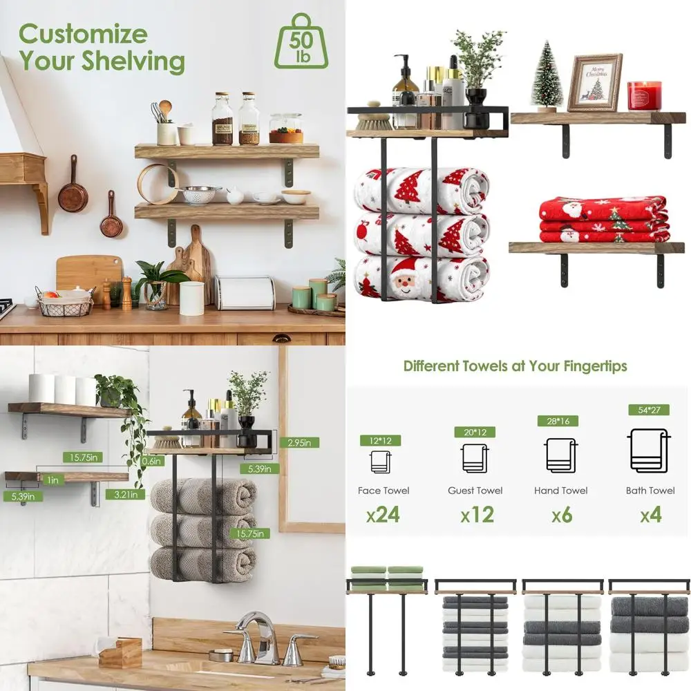 

16-Inch Wall-Mounted Floating Shelves for Bathroom, Bedroom, Kitchen, and Living Room - Solid Wood, Carbonized Finish