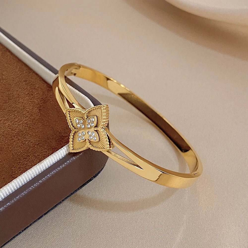 AENSOA Stainless Steel Gold Color Bangles Double-layer Persimmon Calyx Cross Flower Style Zircon Bangle Personalized Dainty Gift