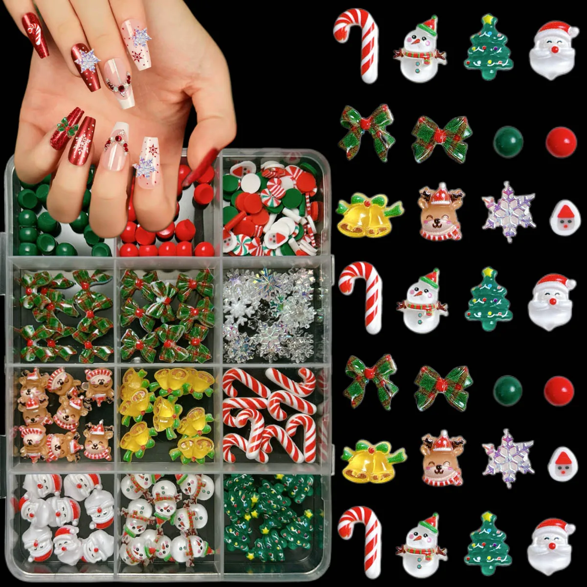 

1Box 3D Hot Selling Cute Santa Claus Resin Nail Charms Cartoon Elk Bell Snowflake Nail Art Decorations for DIY Christmas Nails