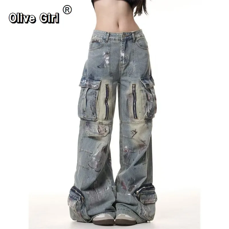 Olivegirl Denim Jeans American High Waist Graffiti Multi Pocket Jeans Trousers Women Men 2026 Spring Loose Fluffy Wide Leg Pants