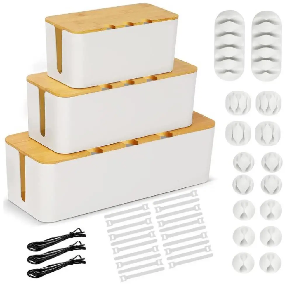 Cable Management Case Wooden Lid Desktop Cord Organizer Bin For Power Strip Charger Wire Storage Desk Tidy Accessory