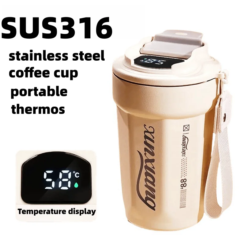 480ml Insulated Coffee Cup with Temperature Display Portable Thermos Double Walls Tumblers Leakproof Stainless Steel Coffee Mugs