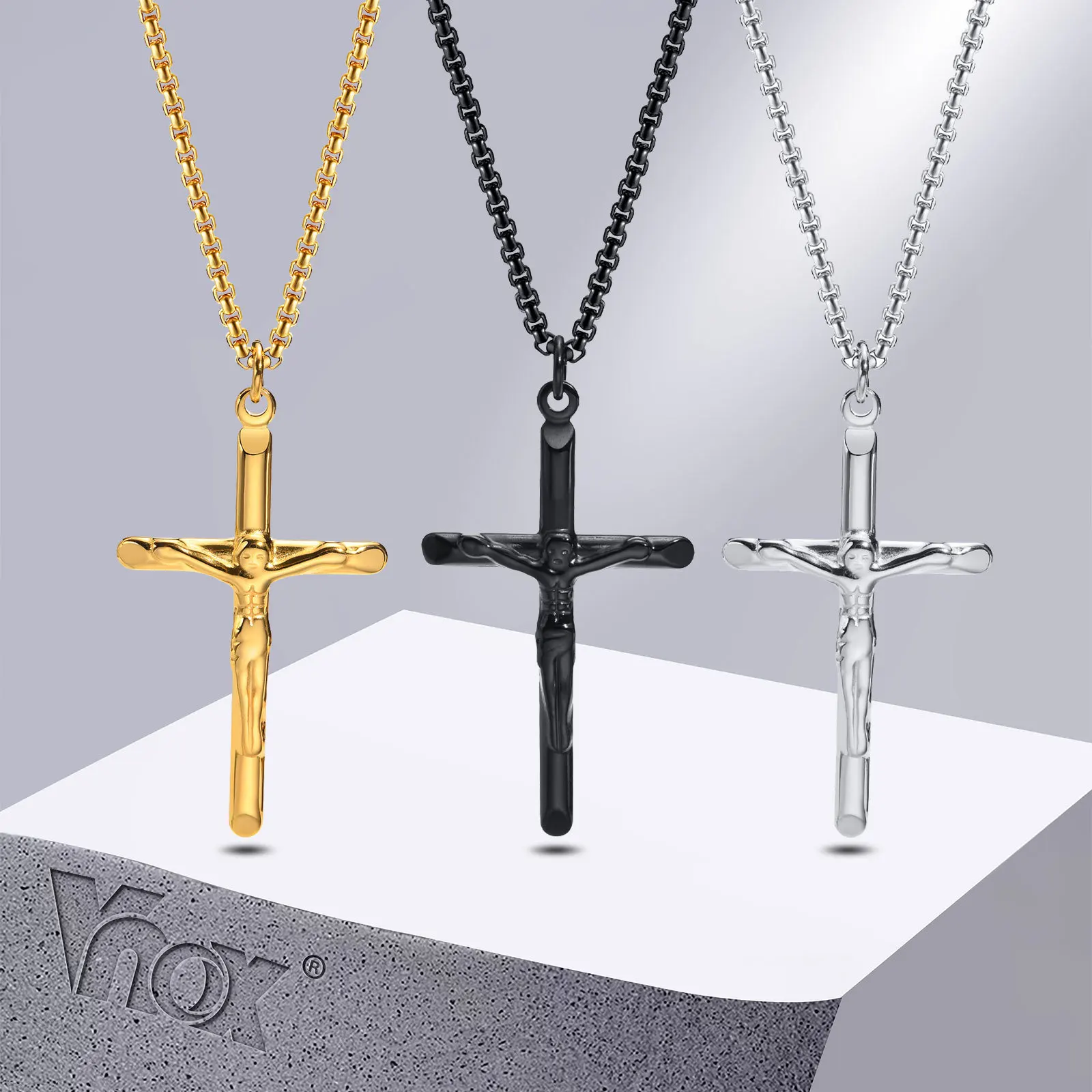 Vnox Stainless Steel Catholic Jesus Christ Cross Crucifix Pendant Necklace for Men Women Religious Prayer Jewelry