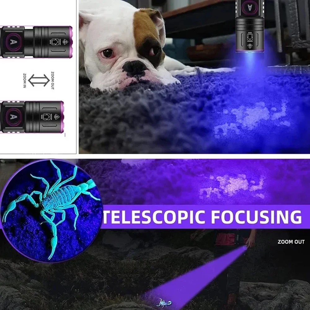 365/395nm UV Flashlight Zoom Type-C USB Rechargeable Black Light For Identification,Pet Urine Detection,Scorpion With Battery
