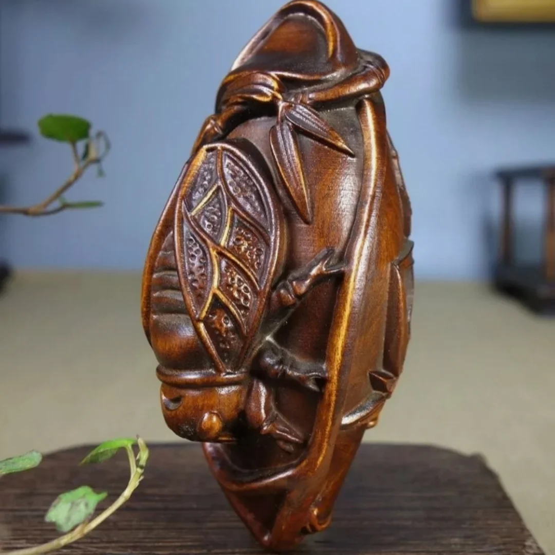 Chinese Boxwood bamboo cicada Statue Wooden Figurine Gift Home Decor hand piece