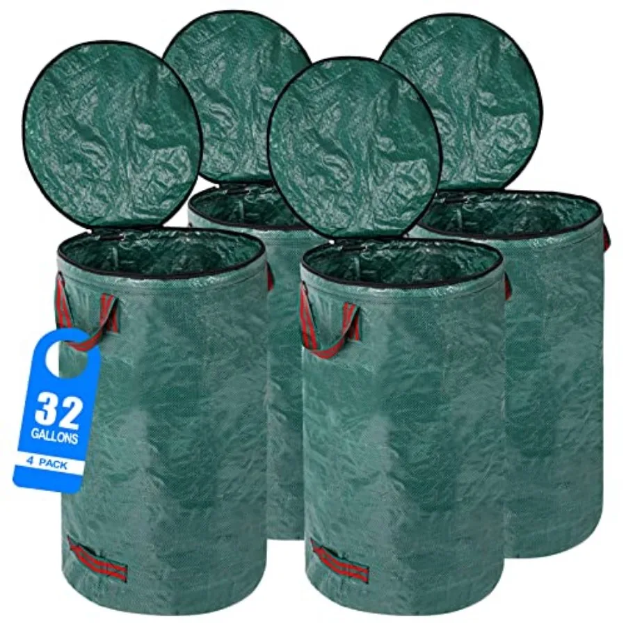 

4 Pack 32 Gallons Reusable Yard Waste Bags with Zipper Lid Lawn Leaf Bags Heavy Duty with 4 Handles Garden Waste Bags Container