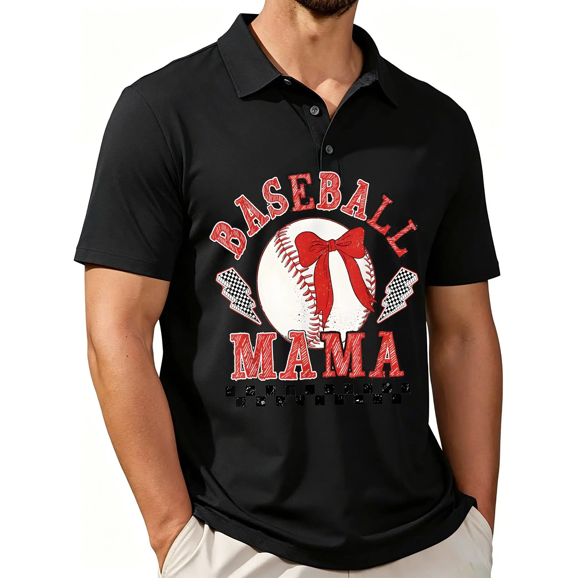 Men's Printed Short-Sleeve Polo Shirt with Bow Tie, Baseball Mom Mother's Day Repeat Design, Stylish and Casual Fit, Breathable Fabric, Suitable for All Seasons.