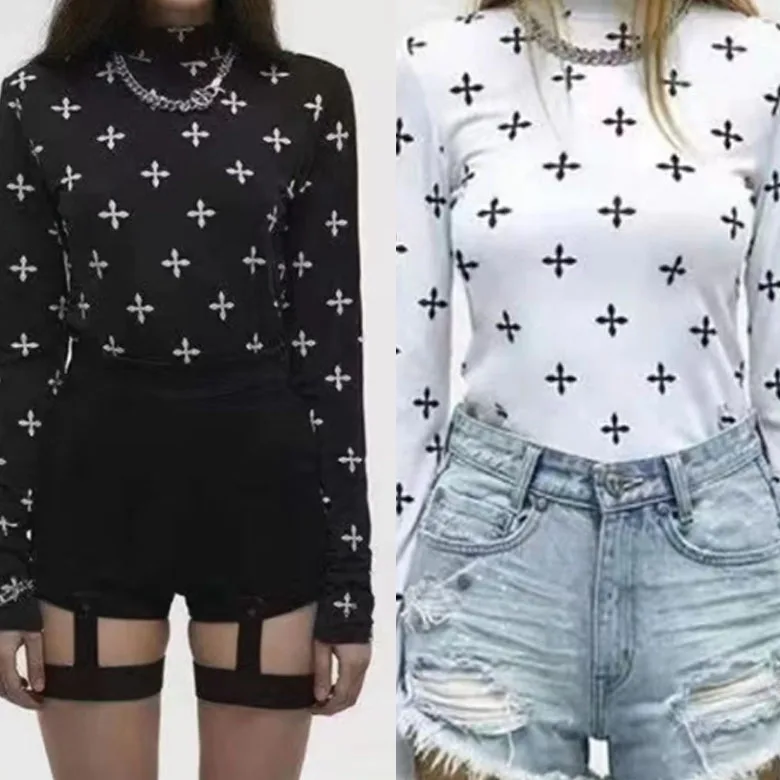 

Zhang Jia Nai Eternal Cross Print Ultra-Thin Long Sve Women's Top High Elastici Base Layer T-irt Geometric Commute S...