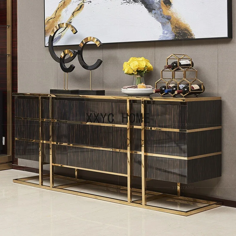 خزانة جانبية بلون الشمبانيا الذهبي والفولاذ المقاوم للصدأ والأبنوس وخزانة مطعم الضيوف وغرفة نموذجية تخصيص مجموعة كاملة من الأثاث