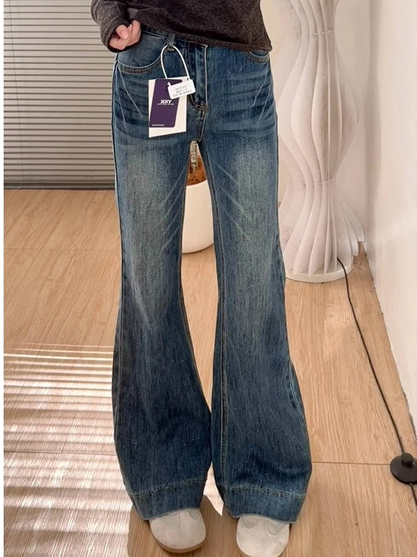 

High Waist Straight Leg Bell Bot Jeans Women's Autumn New Sle Wisteria Hoof Floor Length Pants Retro American