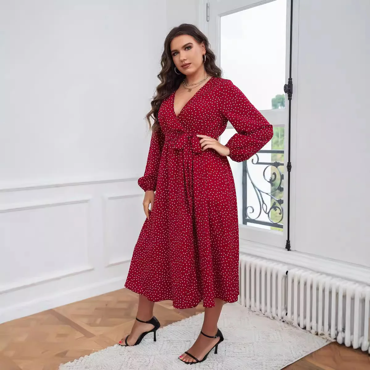 Temperament red plus size dress temperament commuting polka dot long sleeves drag costume