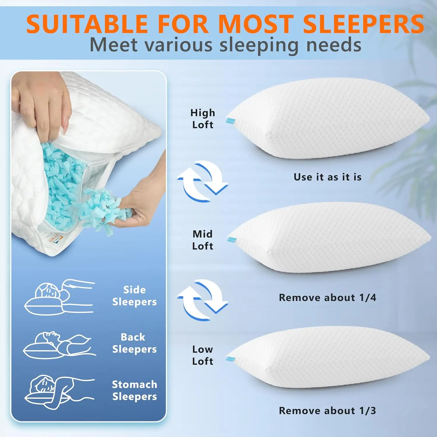 Set di 2 cuscini rinfrescanti in memory foam, supporto stabile e regolabile per chi dorme dello stomaco con lato caldo e cerniera