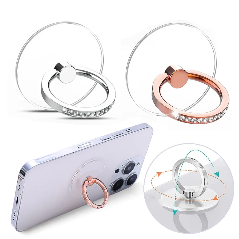 Mobile Phone Finger Ring Holder Stand Transparent Diamond Finger Grip Rotatable Kickstand For iPhones Samsung Huawei Universal