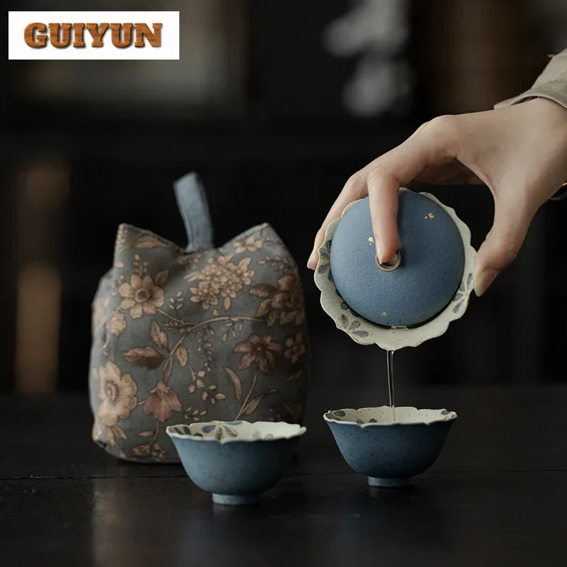 

Indigo Hand Drawn Daisy Travel Tea Set Kit Handmade 1 Pot 2 Cups Tea Maker Organizer Portable Outdoor Tote Bag Accessories Gift