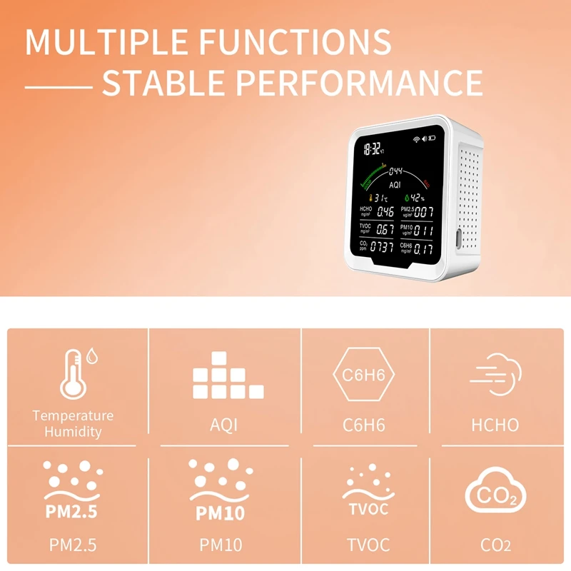 Plastic Air Quality Monitor Thermohygrometer, Clock Alarm And Gas Detector Of PM2.5,PM10,HCHO,C6H6,CO2 Sensor