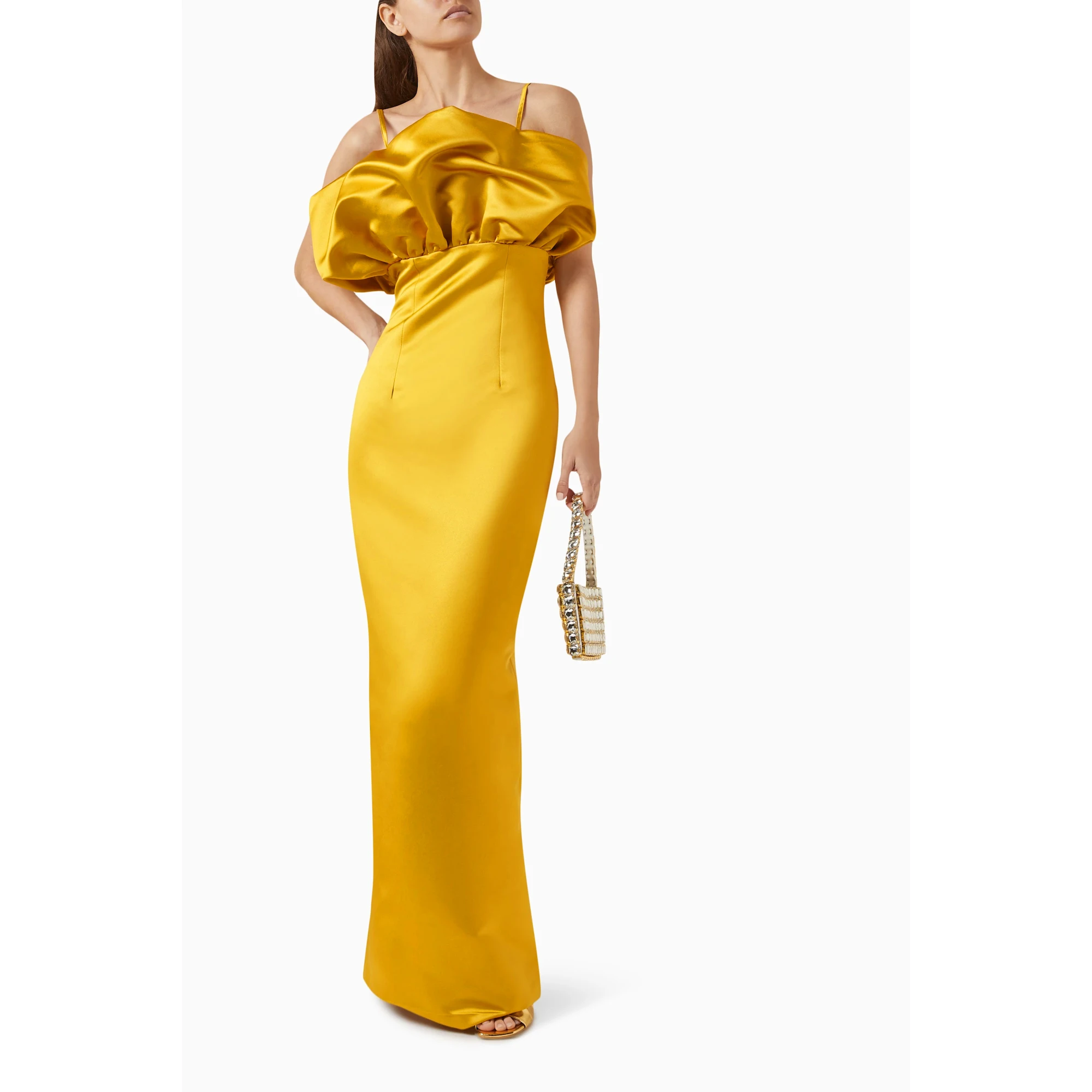 

Welove Vintage Yellow Spaghetti Straps Evening Dresses Straight Floor Length Formal Prom Gowns Party Dress for Women