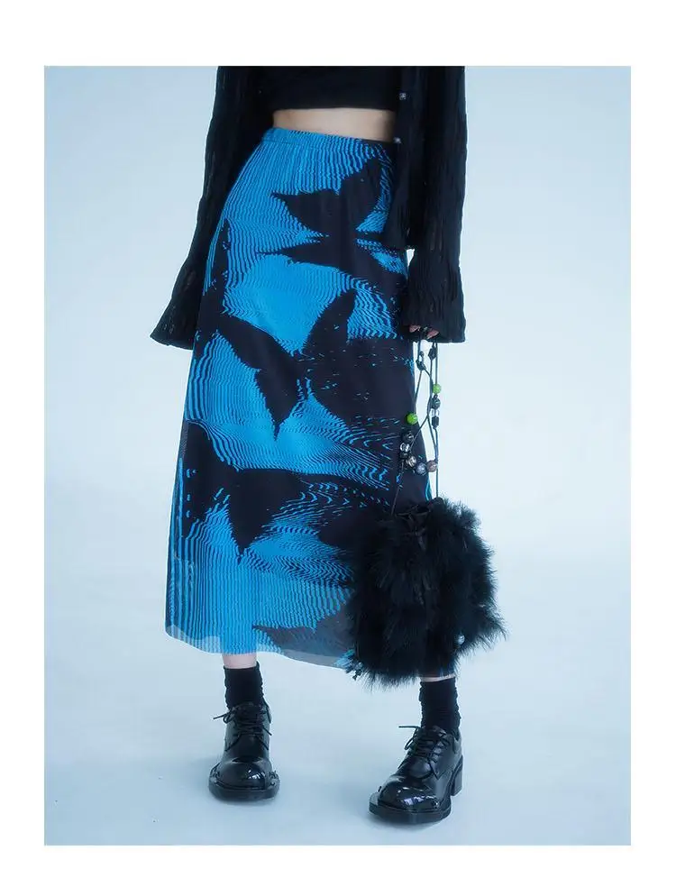Original Black And Blue Butterfly Printed Mesh New Chinese Skirt For Women In Summer