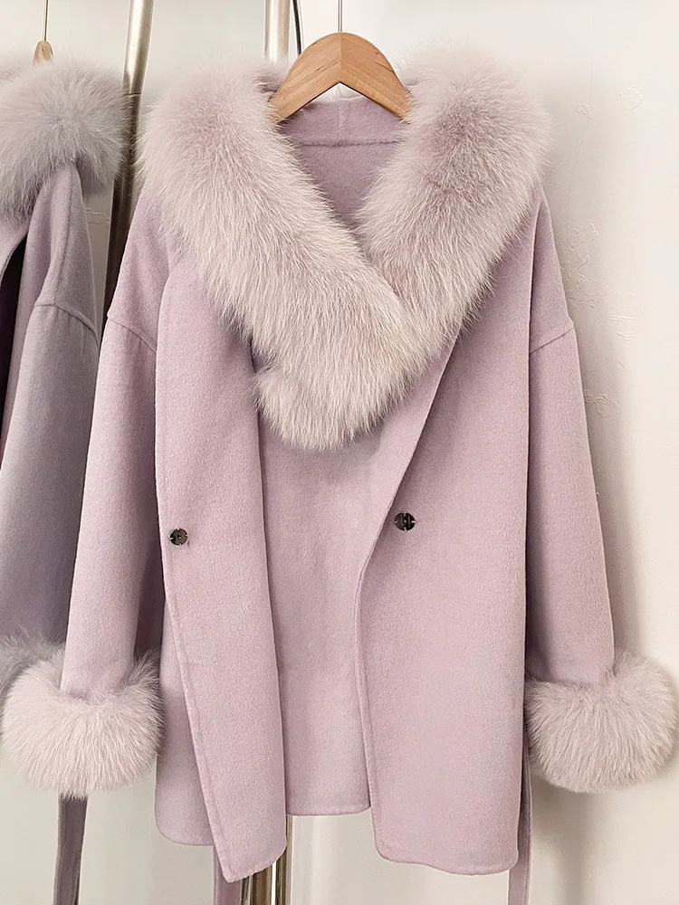 معطف نسائي أنيق من مزيج الصوف الخزامى من ZMEENNA مع أصفاد بياقة من الفرو الفاخر ملابس خارجية شتوية دافئة سترة قصيرة ZM4551 #3