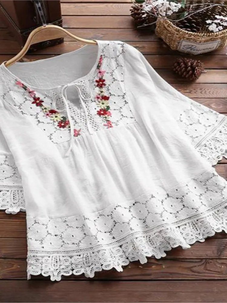 Summer Women Casual Solid Tops Shirt Cotton And Linen Stitching Lace Flower V-neck Loose Top Blouse New Elegant Holiday Shirts