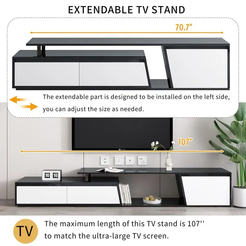 Soporte para TV extensible rectangular minimalista moderno, mueble para TV con 2 cajones y 1 gabinete de almacenamiento, se adapta a televisores de hasta 100 pulgadas,