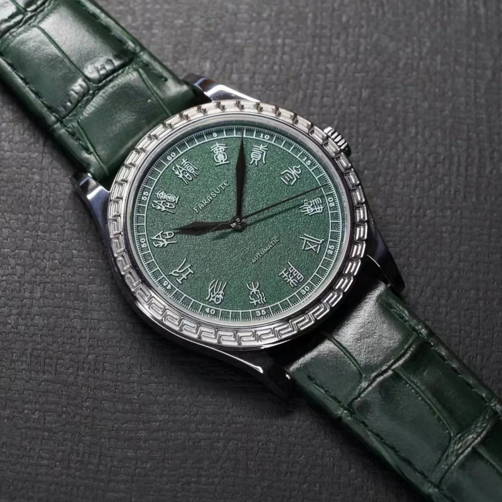 FARASUTE-Reloj Automático para hombre, pulsera mecánica de lujo de 39mm, con correa de cuero arqueada y curvada, PT5000