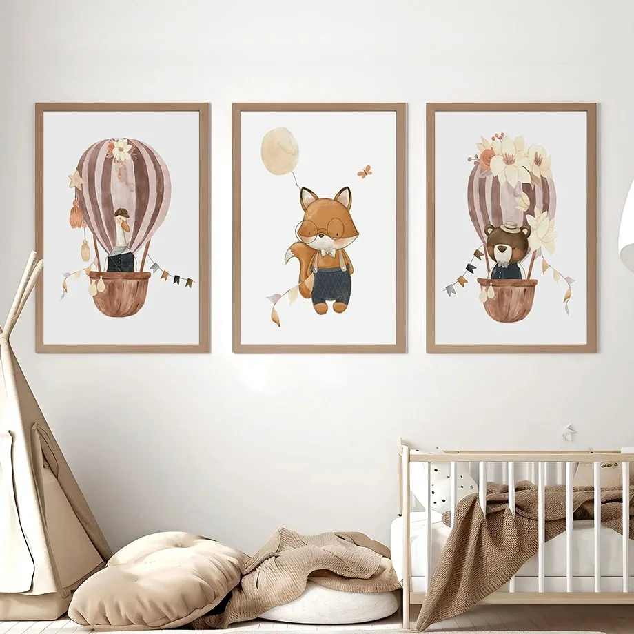 Boho Cartoon Bear Fox Goose Deer Hot Air Balloon Wall Art Canvas Painting Posters And Prints Pictures For Baby Kids Room Decor