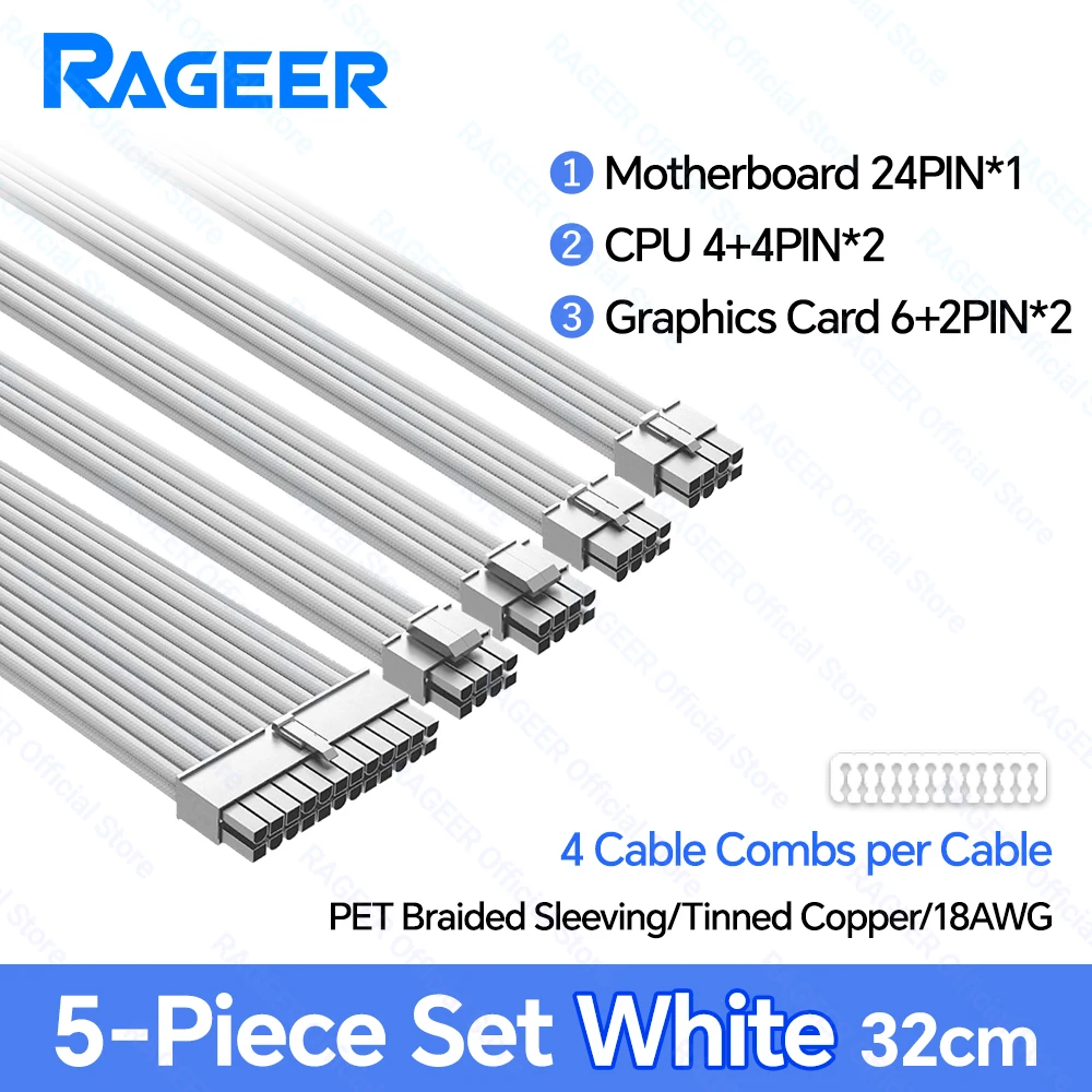 RAGEER PSU Verlengkabel Kit Moederbord ATX 24Pin GPU PCI-E 6 + 2Pin 8Pin CPU EPS 4 + 4Pin 18AWG Netsnoer Mouwen met Kammen