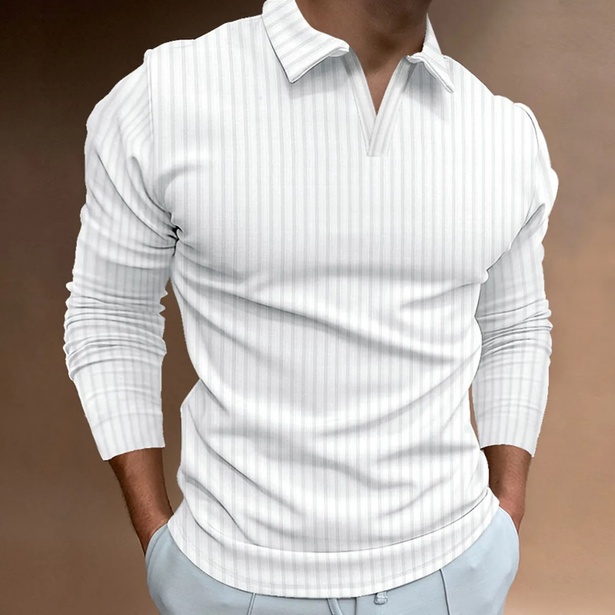 2023 New Men's Stripe Long Sleeve Polo Shirts Autumn Men V Collar T Shirt Men Tops Street Wear Casual Fashion Polo Shirt