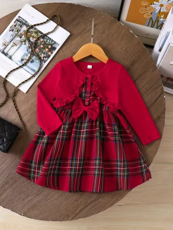 Girls' Red Plaid Fake Two-piece Dress, Long-sleeved with Ruffled Bow Decoration, British Style Princess Dress