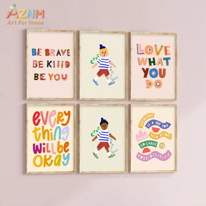 AZNM Colorful Kids Positive Quote Canvas Print Cute Boy Cartoon Inspirational Text Playroom Nursery Wall Poster Unframed Decor A