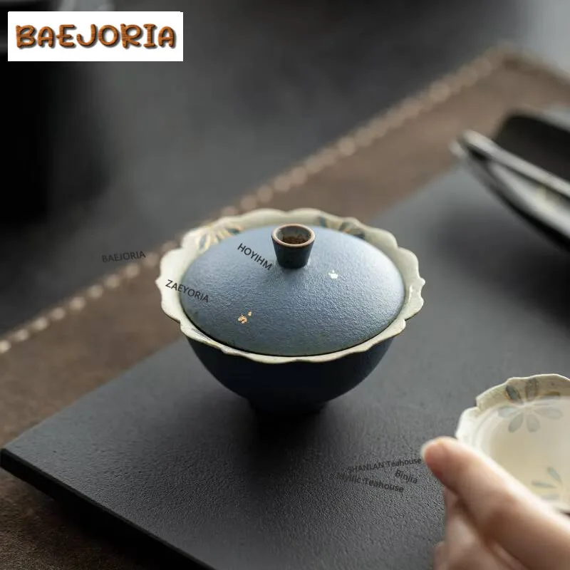 90ml Hand Drawn Daisy Gaiwan Handmade Indigo Blue Tea Tureen Tea Bowl With Lid Kit Tea Maker Cover Bowl Teaset Accessories Gift