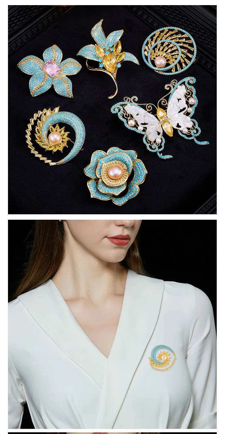 New Color Contrast Brooch Light Luxury Inlaid Zircon Pearl Lapel Pin Elegant Women Clothing Decor Accessory For Party Outfit